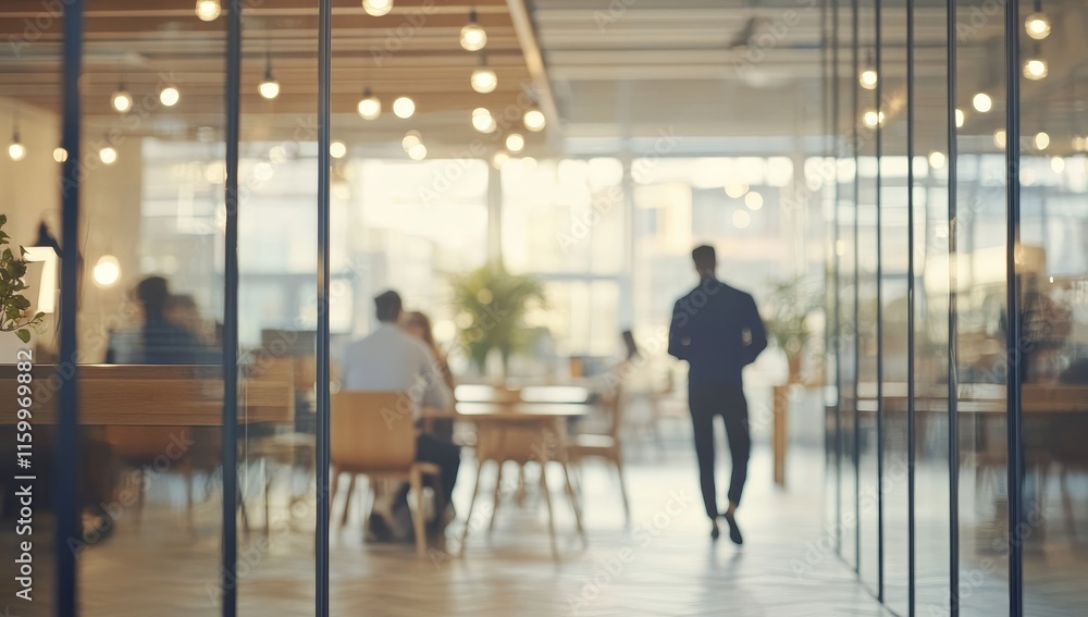 Poster blurred view of a modern office interior with people working and a man walking.