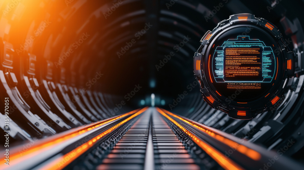 Poster a futuristic tunnel with glowing orange lines and a hovering digital interface, conveying a sense of