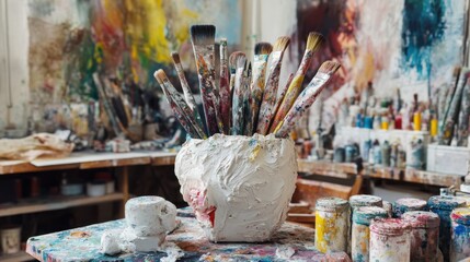 Obraz premium A bustling artist’s studio with vibrant paints and sculpting tools, Brushes and clay arranged amidst creative chaos, Abstract sculpture style