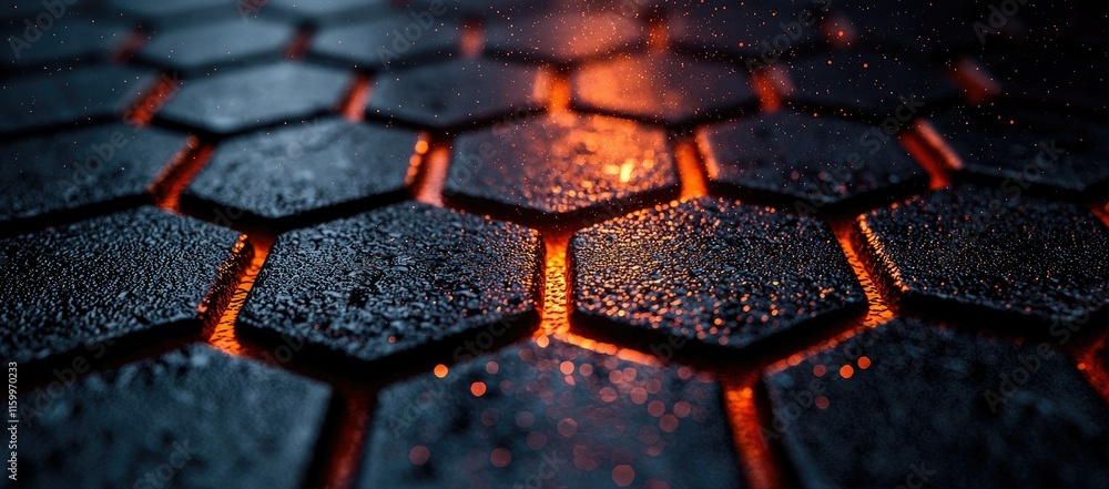 Poster a close-up of a hexagonal patterned surface with glowing elements and a textured finish.