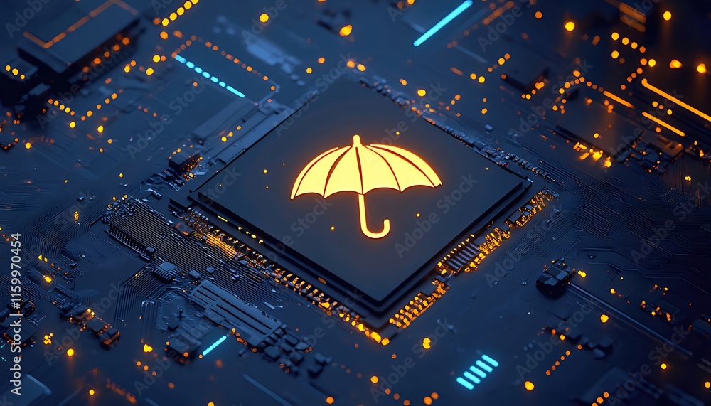 Poster illuminated umbrella icon on a computer chip, representing cybersecurity and data protection.