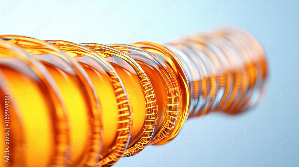Poster a close-up view of a spiral-shaped, translucent orange object, showcasing intricate patterns and ref