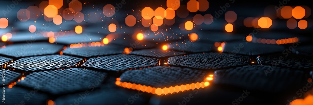 Poster a close-up of a textured surface with glowing hexagonal patterns and sparks.