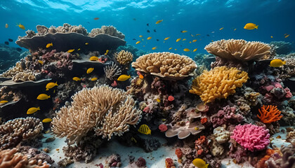 "Seabed Underwater with Vibrant Coral Background, Showcasing Marine Life and Ocean Ecosystem – Perfect for Nature, Ocean, and Underwater Exploration-Themed Designs and Photography"