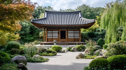 Obraz premium Traditional Japanese Zen Garden with Wooden Pavilion Amidst Lush Landscape : Generative AI