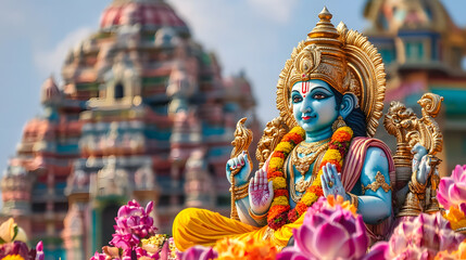 Fototapeta premium Colorful Hindu Deity Statue Surrounded by Blooming Flowers with a Majestic Temple Backdrop : Generative AI