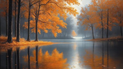 Autumnal trees reflected in a calm lake, golden leaves scattered on the bank. Perfect for illustrating serenity, peace, or the beauty of fall.