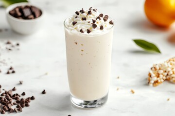 Creamy milkshake with whipped cream and chocolate chips in a glass. (2)