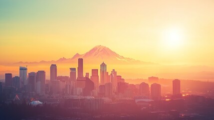 Fototapeta premium City skyline sunrise with mountain.