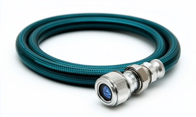A coiled hose with a metallic connector for fluid transfer.