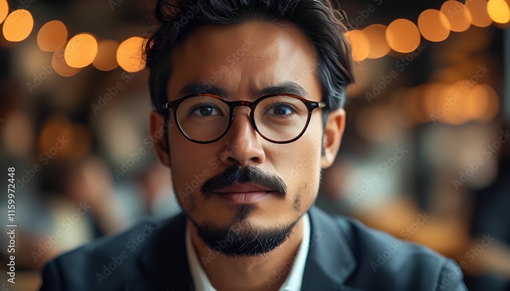 Poster confident business professional portrait in urban setting high-resolution close-up view with warm li