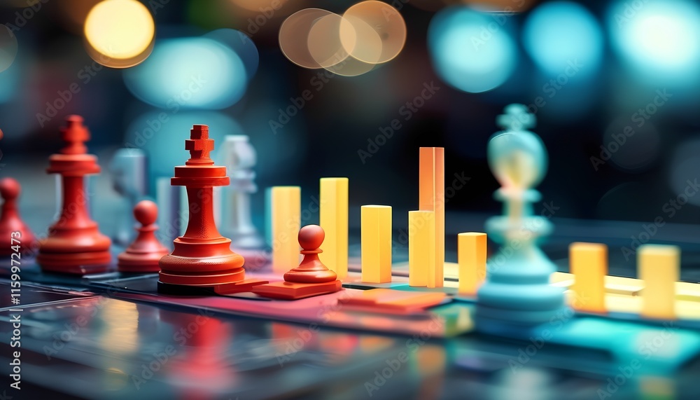 Poster dynamic abstract business strategy visualization with chess pieces and data charts urban environment