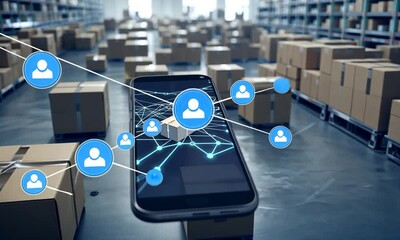 Smartphone displaying a digital package over a warehouse of boxes. - Powered by Adobe