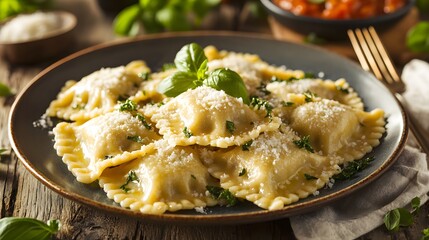 A close-up view of a plate of freshly cooked ravioli, Generative AI
