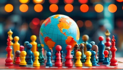 Strategic chess game reflecting abstract business concepts around the globe indoor setting colorful environment close-up view