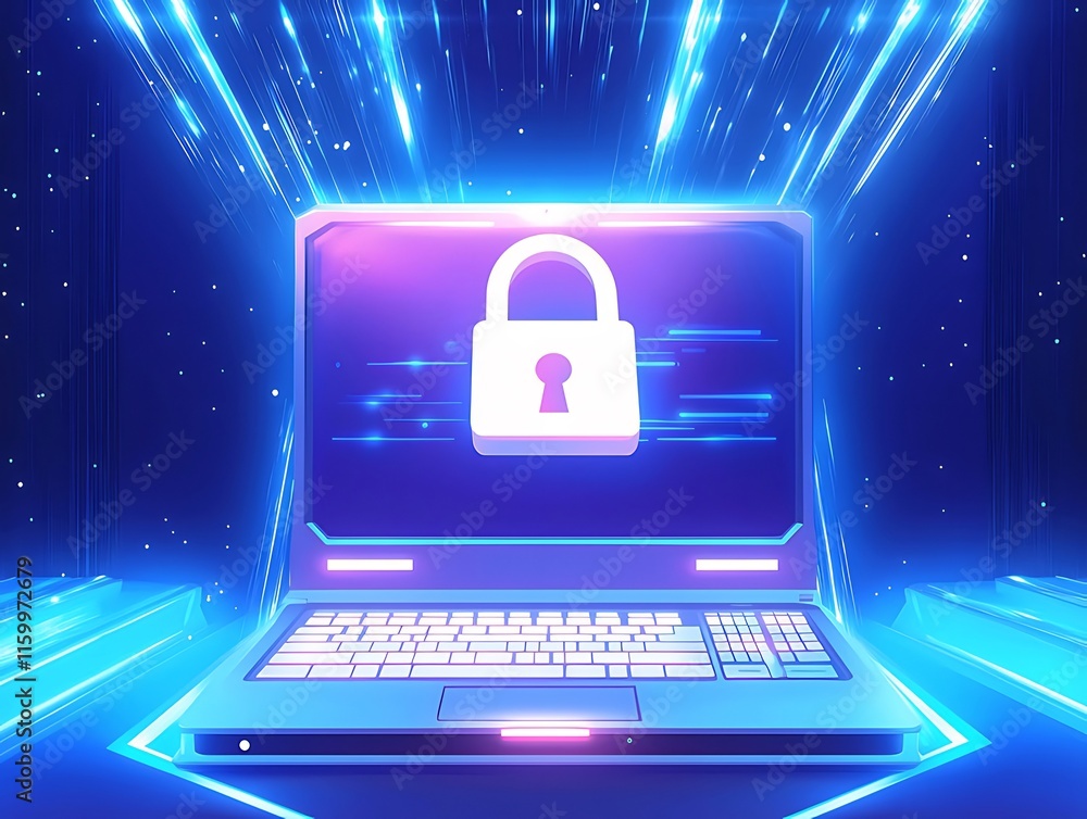 Poster futuristic laptop displaying a glowing padlock, symbolizing cybersecurity and data protection.