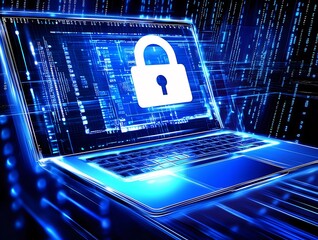 Laptop screen displays a glowing padlock symbol, representing cybersecurity and data protection.