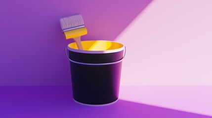 Paint can with brush, yellow paint, purple background.