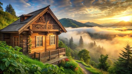 Rustic Wooden Cabin Perched on a Mountainside, Bathed in the Golden Hues of Sunrise, Overlooking a Misty Valley
