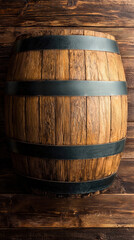 Fototapeta premium A rustic wooden barrel with black metal bands, set against a textured wooden background, evoking a classic, vintage feel.