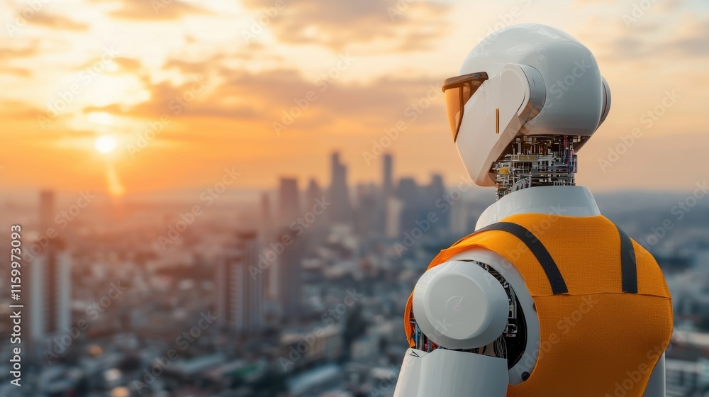 Poster a futuristic robotic arm assembling electronic devices in a modern urban setting with skyscrapers an