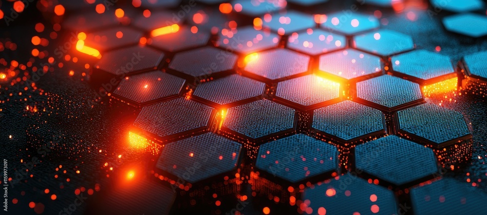 Poster a close-up of glowing hexagonal patterns with sparks, evoking a futuristic design.