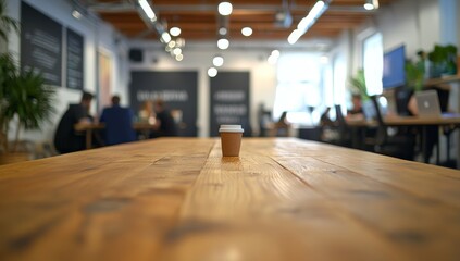 Coffee cup on a long wooden table in a busy office.