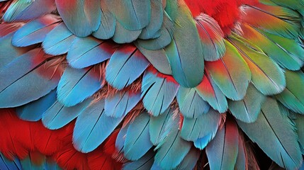 Fototapeta premium Vibrant parrot feathers, red, blue, green texture.