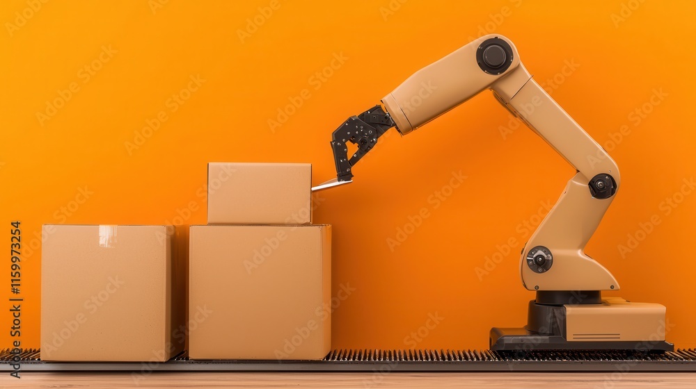 Poster automated robotic arm efficiently packaging and distributing various products on an industrial assem