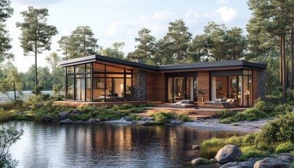 Obraz premium Modern lake house with large windows, wooden siding, and stone accents. Perfect for showcasing luxury real estate, architectural design, or tranquil living.
