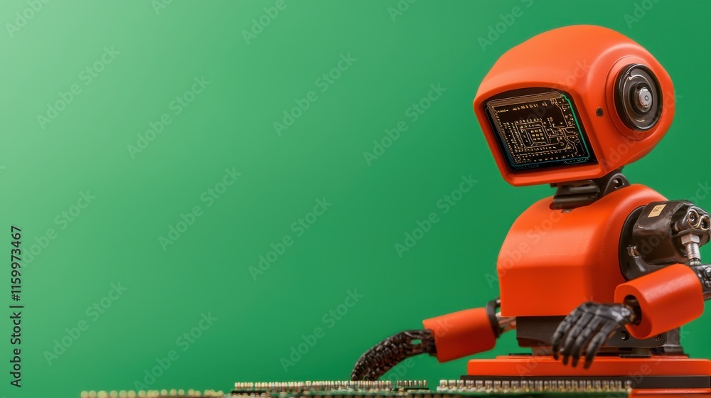 Aufkleber close up of a red robotic arm meticulously assembling electronic devices and components in a futuris