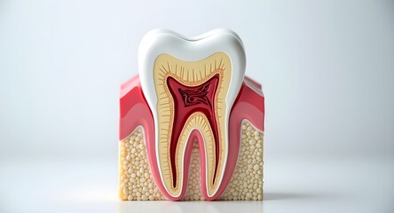 A cross-sectional view of a tooth showing enamel, dentin, and pulp, for dental education purposes.
