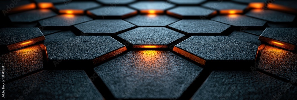 Poster a close-up of hexagonal tiles with glowing orange accents on a textured surface.