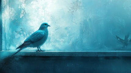 Fototapeta premium Blue bird perched on a frosty windowsill.
