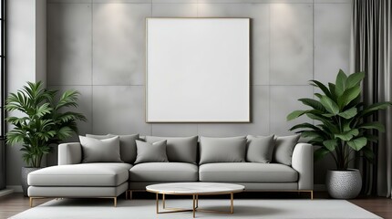 Modern Gray Living Room Interior with Empty Frame, Plants, and Sectional Sofa