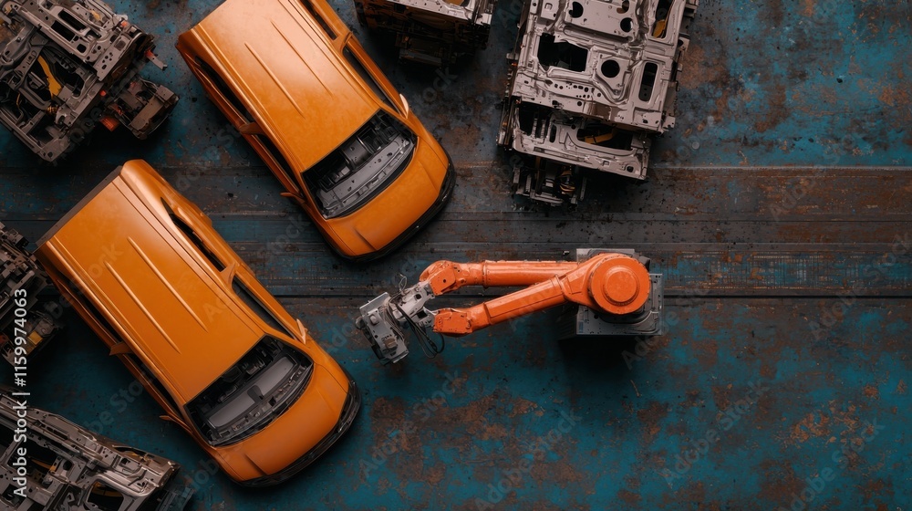 Aufkleber industrial robot welds car frames in an automated factory environment robotic arm performs metalwork