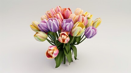 A bouquet of colorful tulips arranged in a neat cluster, placed on a white background
