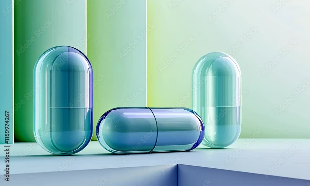 Poster three translucent capsules in soft pastel colors on a minimalistic surface.