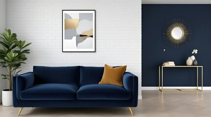 Stylish Living Room with Navy Velvet Sofa, Gold Accents, and Abstract Art on White Brick Wall