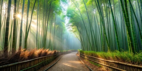 Serene Pathway Through a Misty Bamboo Forest Bathed in Golden Sunlight, Creating a Tranquil and Picturesque Scene