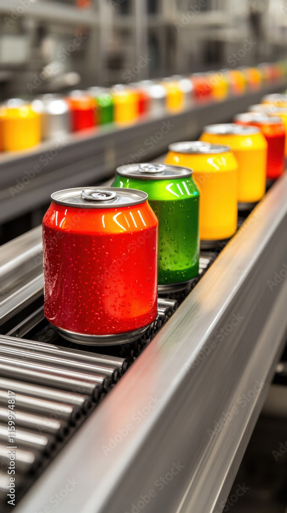 Poster a vibrant array of colorful beverage cans moving along a production line, showcasing efficiency and 