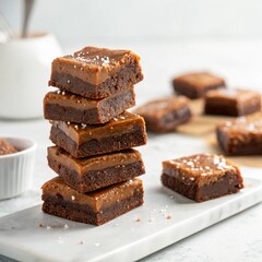 the stacked of caramel brownies on white background