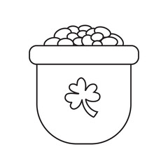 A transparent background illustration of a pot filled with gold coins, outlined in black, featuring a clover symbol. It's a minimalistic design tied to luck and Irish traditions.