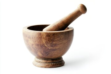 A wooden mortar and pestle on a white background.