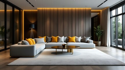 Modern Luxury Living Room Interior Design with Gray Sectional Sofa, Gold Coffee Table, and Warm Wood Wall Paneling