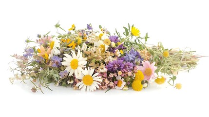 A bouquet of mixed wildflowers in soft pastel shades, arranged neatly on a white background