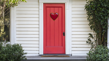 Obraz premium Charming Red Front Door with Heart Shaped Window on Classic White House Exterior : Generative AI