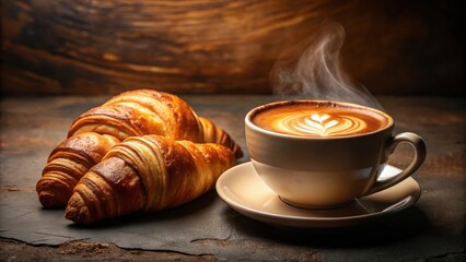 Aromatic coffee with latte art and freshly baked croissants on a dark rustic surface