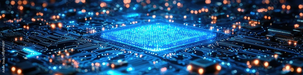 Poster a close-up view of a circuit board with glowing components, representing technology and innovation.
