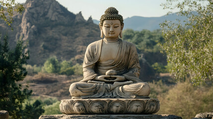 Serene Stone Buddha Statue in Tranquil Mountainous Setting for Peaceful Meditation Theme : Generative AI